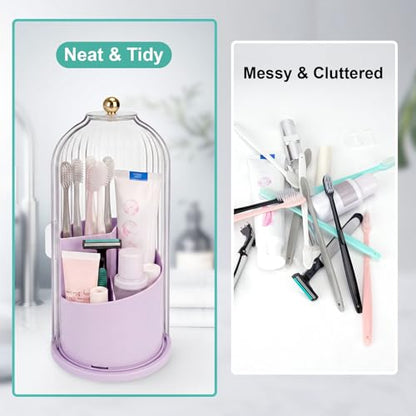 QIYVLOS Toothbrush Holders with Sliding Lid, Rotating 3 Slots Bathroom Organizer Countertop, Tooth Brush Toothpaste Holder Bathroom Counter Stand Sink Organizer for Makeup Brushes Holder (Purple) - color: Purple+transparent