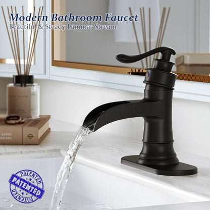 BWE Brass Matte Black Waterfall Bathroom Faucet for Farmhouse & Classic | Wide Waterfall Spout, Ceramic Cartridge, Fits 1 or 3-Hole Sink, Single Handle, Handware Included, Easy Install - color: Black
