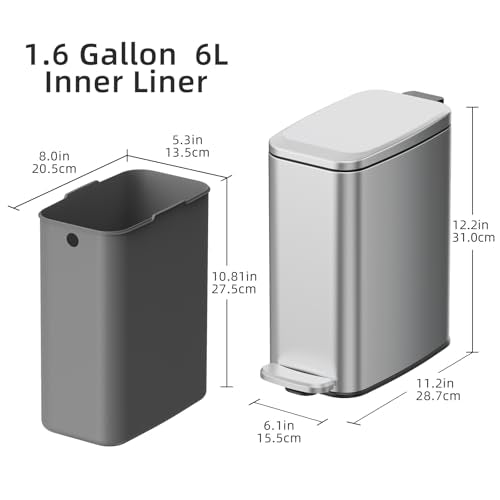 KUK Slim Bathroom Trash Can with Lid, 1.6 Gal / 6L Stainless Steel Small Garbage Bin with Detachable Inner Bucket, Step Pedal, Silent Close, Wastebasket for Toilet, Bedroom, Home, Office (Silver) - color: Silver