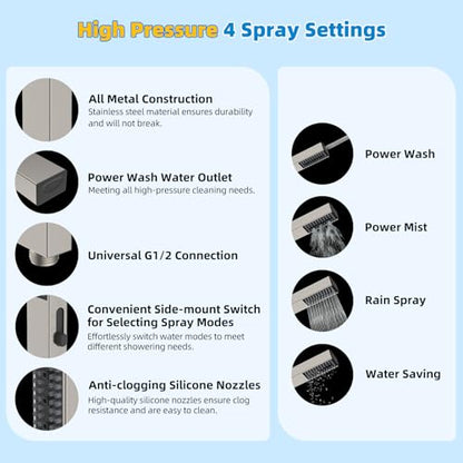 Hibbent All Metal cUPC Certified Shower Head, 10'' High Pressure Rainfall Showerhead Combo, Handheld Shower Wand, 12'' Adjustable Extension Arm, 4-Spray, 71'' Hose, Shower Holder, Brushed Nickel - color: Brushed Nickel, style: Square 10''
