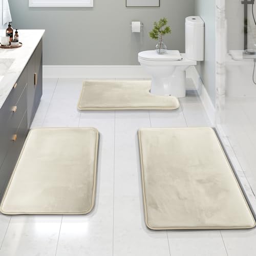 Clara Clark 3 Piece Bathroom Rugs Bath Mat Set, Velvet Memory Foam Bath Mats for Bathroom - Non-Slip, PVC Backing Bath Rugs, Washable - Dries Quickly, White - color: Off White