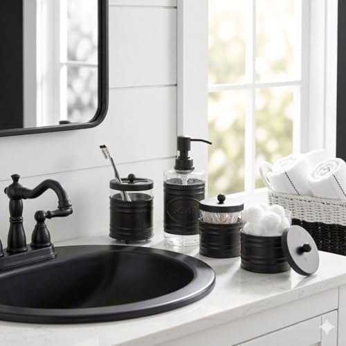 Autumn Alley Farmhouse Matte Black Bathroom Accessories Set (4 PCS) - Lotion Soap Dispenser, Black Toothbrush Holder Set, 2 Glass Apothecary Jars (Qtip Holder) - Rustic Bathroom Accessories Set