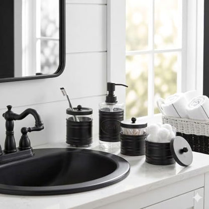 Autumn Alley Farmhouse Matte Black Bathroom Accessories Set (4 PCS) - Lotion Soap Dispenser, Black Toothbrush Holder Set, 2 Glass Apothecary Jars (Qtip Holder) - Rustic Bathroom Accessories Set