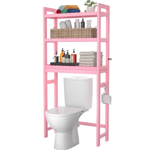 Bamboo Over The Toilet Storage Shelves, 3-Tier Above Toilet Storage Organizer Rack with 3 Hooks, Freestanding Bathroom Tower Shelf Unit for Small Space, No Rust, Easy to Assemble, Pink - color: Pink