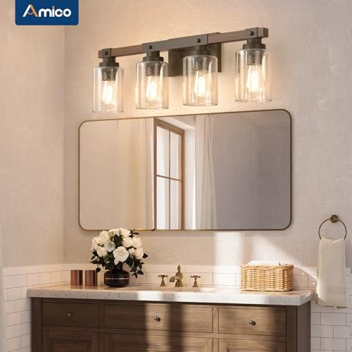 Amico 4-Light Farmhouse Bathroom Vanity Light, Seeded Glass, Black & Wood | Bubble Glass Shade Wall Sconce, Over Mirror Lighting for Bathroom, Bedroom, Living Room, Hallway, Powder Room, Entryway - size: 4-Light