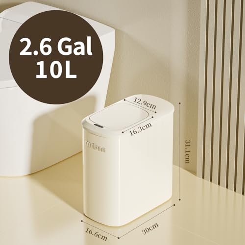 MRBIN Motion Sensor Adsorption Bag Bathroom Trash Can with Lid and Wheels, 10L/2.6gal Automatic Waste Basket Slim Electric Metal Garbage Bin for Office, Bedroom, Rv, Cream White