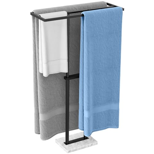 40” Standing Towel Rack, 3 Tier Towel Stand with Marble Base, Black | Stainless Steel Freestanding Towel Racks for Bathroom, Towel Holder Stand for Hanging Multiple Sizes Towels