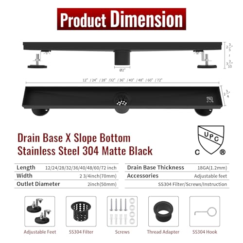 36 Inch Linear Shower Drain, Matte Black Shower Drain, Removable Grate, 304 Stainless Steel, Easy to Install and Clean for Bathrooms (Drain Base Not Included), LSD-15B-36B - size: 36 inch