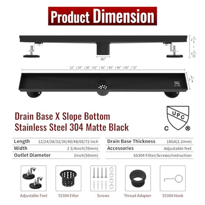 36 Inch Linear Shower Drain, Matte Black Shower Drain, Removable Grate, 304 Stainless Steel, Easy to Install and Clean for Bathrooms (Drain Base Not Included), LSD-15B-36B - size: 36 inch