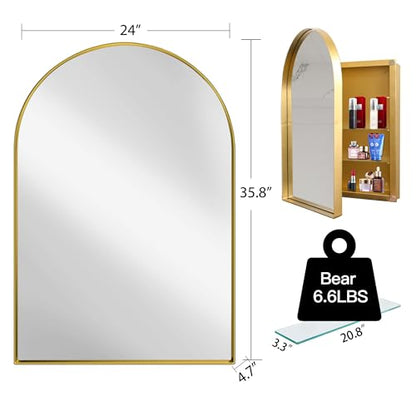 Arched Medicine Cabinet, Recessed Medicine Cabinet Surface Mount Medicine Cabinet with Mirror and Adjustable Shelves Medicine Cabinet Wall Mounted Bathroom Mirror Cabinet, 24x36 Inch (Gold) - color: Gold