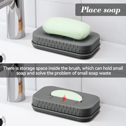 Soap Holder & Brush Set with Built-in Soap Saver Compartment | Silicone Matrial, Includes a Leak-Proof Soap Tray+Brush, Unbreakable&Noise-Free, Soft Brush with Soap Dish- (Dark Grey)