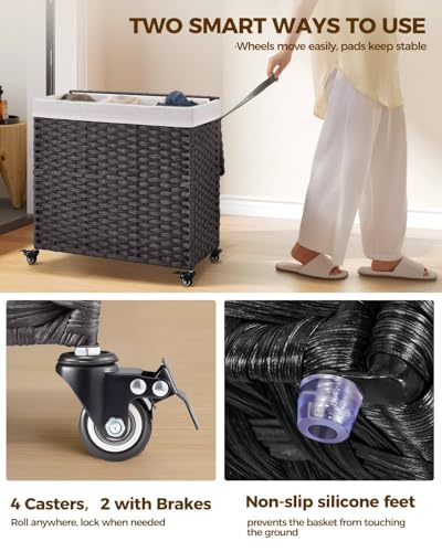 Greenstell Laundry Hamper with Wheels&Lid, 130L Large 3 Sections Clothes Hamper with 2 Types Removable Liner Bags, 5 Mesh Laundry Bags, Handwoven Divided Laundry Basket Black