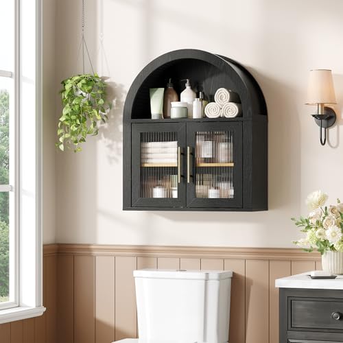 Maupvit Arched Bathroom Wall Cabinet, 23.6''W Modern Floating Medicine Cabinets with Fluted Glass Doors & Gold Handles, Space-Saving Over the Toilet Storage Cabinet for Bathroom Kitchen Laundry Room