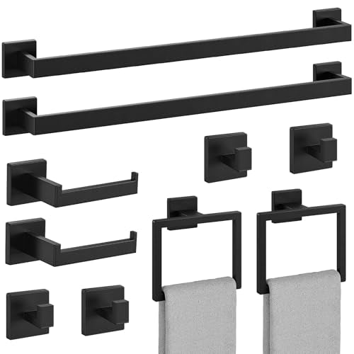 10-Pieces Matte Black Bathroom Accessories, 24 Inch Bathroom Hardware Set | SUS304 Stainless Steel Bath Towel Bar Set, Towel Racks for Bathroom Wall Mounted - size: 26 Inch (10 Pieces)