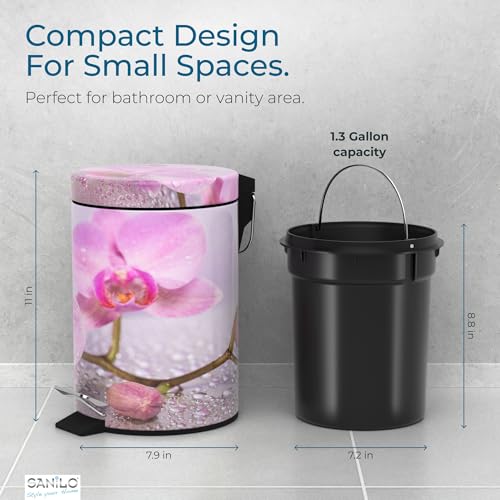 Sanilo Small Bathroom Trash Can with Lid [1.3 Gallon] - Lidded Tiny Trashcan for Garbage - Mini Metal Bin with Soft Closing Mechanism - Bath Room Accessoire Wastebin with Inner Bucket (Blooming) - color: Blooming