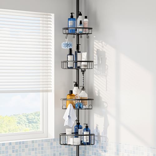 Corner Shower Caddy Tension Pole: Stainless Steel Rustproof 4-Tier Shower Organizer - 47-121 inch Adjustable Bathroom Shelves for Bathtub Shampoo Storage - Tension Rod Floor Standing Bath Rack - Black - style: A Style-Black