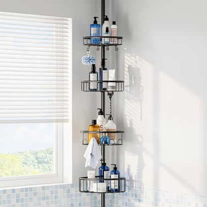 Corner Shower Caddy Tension Pole: Stainless Steel Rustproof 4-Tier Shower Organizer - 47-121 inch Adjustable Bathroom Shelves for Bathtub Shampoo Storage - Tension Rod Floor Standing Bath Rack - Black - style: A Style-Black
