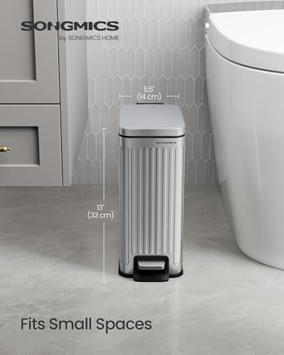 SONGMICS Bathroom Trash Can, 1.6-Gallon (6 L) Trash Bin with Lid, Slim for Small Spaces, Stainless Steel Garbage Can, Soft Close, Silver ULTB563E01 - color: Silver, style: 1.6 Gal. & fluted design