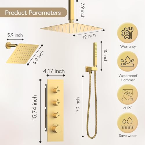 Shower Faucet Set,Thermostatic Shower System Brushed Gold,12 Inch Ceiling Mounted and 6 Inch Wall Mount Rain Shower Head with 2 in 1 Handhled,High Pressure Dual Shower Head Combo Set - color: Gold, size: 12"-1