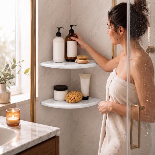 4 Pcs White Marble Corner Shower Shelf for Bathroom 9 x 9 Inch Wall Mounted Both Sides Polished Marble Corner Shelves Shower Caddy for Bathroom Wall (Stylish) - style: Stylish