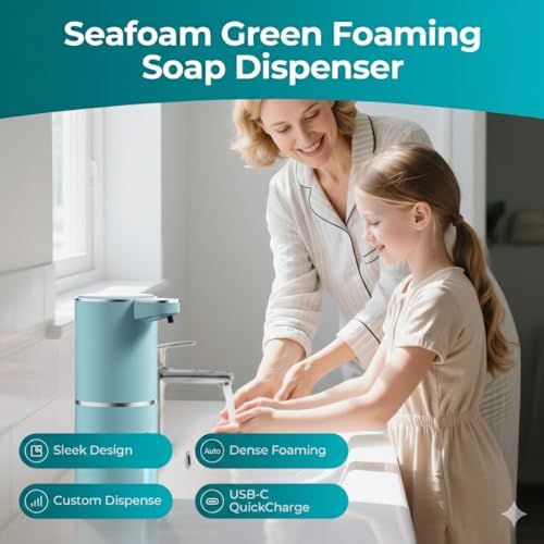 P11 Seafoam Green Automatic Foaming Soap Dispenser, Touchless Sensor for Aesthetic Bathroom Decor, 4-Level Adjustable, USB-C Rechargeable 380ml, Wall Mounted or Countertop for Kitchen and Bathroom