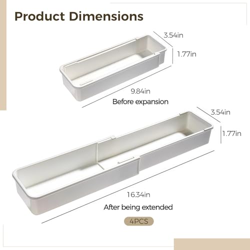 4 Pcs Expandable Drawer Organizers, Adjustable Drawer Dividers, Ideal for Kitchen, Bathroom, Office Utensil, Cutlery, and Office Supply Storage, White