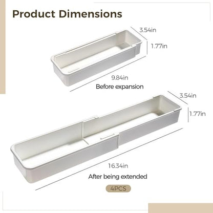 4 Pcs Expandable Drawer Organizers, Adjustable Drawer Dividers, Ideal for Kitchen, Bathroom, Office Utensil, Cutlery, and Office Supply Storage, White