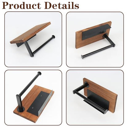 Bathroom Hand Towel Holder/Towel Ring, Premium Metal Wall Mounted Hand Towel Hanger with Wooden Shelf, Heavy Duty Kitchen Towel Holder Rustic Hand Towel Rack for Bathroom Accessories (Black)