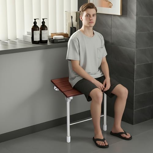Wall Mounted Folding Shower Chair Heavy Duty Bath Seat Bathroom Safety Stool Space Saving Fold Down Shower Bench Wooden Stainless Steel Support 352lbs Anti Slip Bathroom Seat For Elderly Disabled 14.9