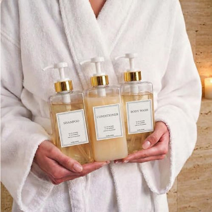 Modern Gold Design Shampoo and Conditioner Dispenser, Large 27oz Shower Soap Dispenser, Set of 3 Refillable Empty Plastic Pump Bottles for Bathroom, 6 Waterproof Labels Included, (Clear & White) - color: Clear & White