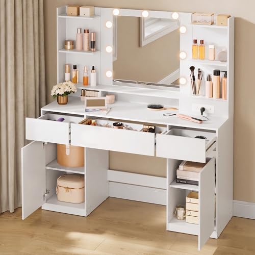 VASAGLE KAILYN Collection - Vanity Desk with Mirror and 9 LED Bulbs, Modern Vanity Makeup Table with Power Outlets, Dressing Table with 2 Cabinets, for Bedroom, Cloud White URDT142WB01S - style: 43.3"W 3 Drawers 2 Cabinets Vanity Desk - Cloud White