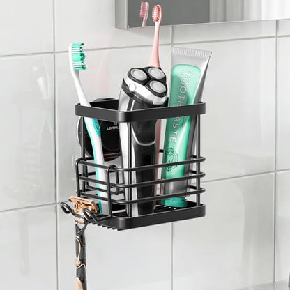 Powerful Suction Cup Stainless Steel Toothbrush Holders, Black | Removable Shower Tooth brush and Toothpaste Holder, Strong Suction Up to 11lbs, Anti-Puddling ,No Drill Bathroom Organizer - color: Black