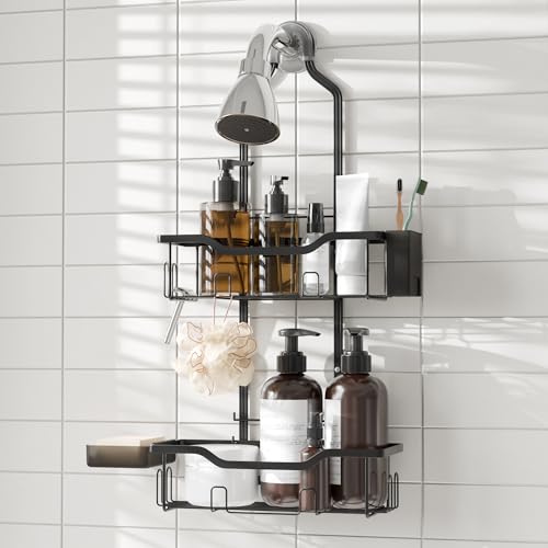 Shower Caddy Hanging 2-Tier Shower Organizer for Tall Showerhead,Rustproof Over Shower Head Rack,No Drill Bathroom Shower Caddy with Soap Dish,Toothbrush Holder and Hooks, Black - color: Upgraded Black