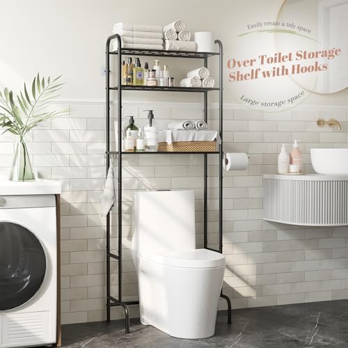 STDDRE 3-Tier Over The Toilet Storage Space Saver with Paper Holder Freestanding Rack Metal Bathroom Shelves with Hooks Above The Toilet Storage Shelf (Black, 3 Tier) - color: Black