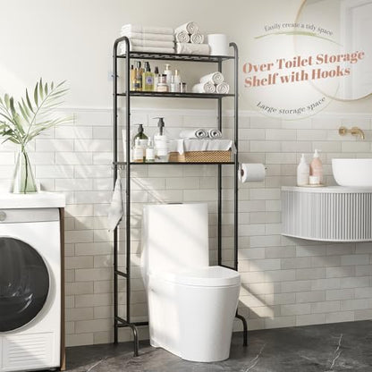 STDDRE 3-Tier Over The Toilet Storage Space Saver with Paper Holder Freestanding Rack Metal Bathroom Shelves with Hooks Above The Toilet Storage Shelf (Black, 3 Tier) - color: Black