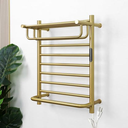 Heated Towel Racks for Bathroom Gold, Gold Towel Warmer Rack Wall Mounted with Top Shelf, Timer & Temperature Control Electric Towel Drying Rack (14 Bars with Top Shelf Brushed Gold A, Plug-in) - color: 14 Bars With Top Shelf Brushed Gold a, size: Plug-in