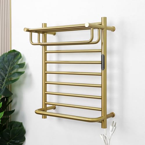 Heated Towel Racks for Bathroom Gold, Gold Towel Warmer Rack Wall Mounted with Top Shelf, Timer & Temperature Control Electric Towel Drying Rack (14 Bars with Top Shelf Brushed Gold A, Plug-in) - color: 14 Bars With Top Shelf Brushed Gold a, size: Plug-in
