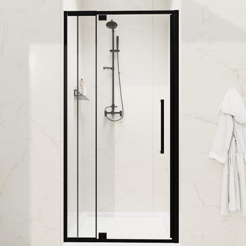 32-36" W x 72" H Semi-Frameless Pivot Swing Shower Doors | 1/4" (6mm) Clear SGCC Tempered Glass with a 20.3" walk-in opening, Matte Black Finish, Reversible, Magnetic Closing - color: Matte Black, size: 32" - 36"