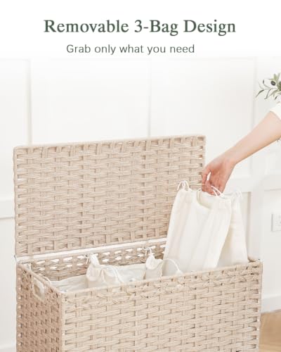 SETVSON Laundry Hamper with Lid,Clothes Hamper with Lid,132 L, Light Khaki | 35 Gallons, Handwoven Rattan Laundry Hamper, Metal Heightened Feet, 3 Removable Liner Bags for Laundry - color: Light Khaki, size: 132 L - 35 gal