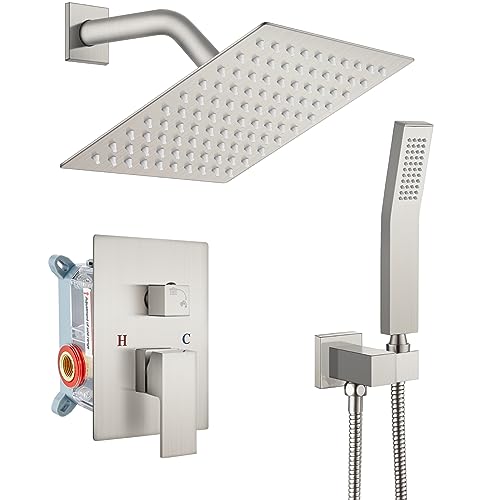 gotonovo Rainfall Bathroom Shower System Rain Shower Head and Handle Set Wall Mounted Shower Complete Combo Solid Brass Pressure Balancing Shower Mixer Valve 8 Inch Brushed Nickel - color: Brushed Nickel, size: 8 Inch