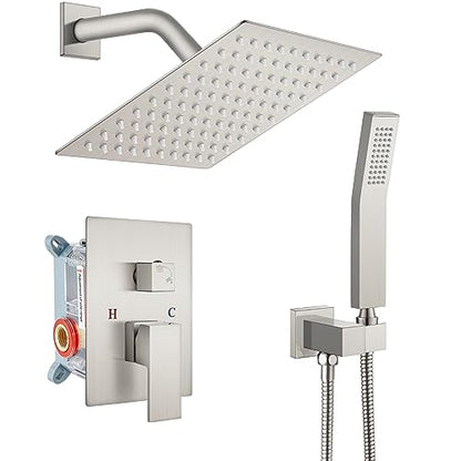 gotonovo Rainfall Bathroom Shower System Rain Shower Head and Handle Set Wall Mounted Shower Complete Combo Solid Brass Pressure Balancing Shower Mixer Valve 8 Inch Brushed Nickel - color: Brushed Nickel, size: 8 Inch
