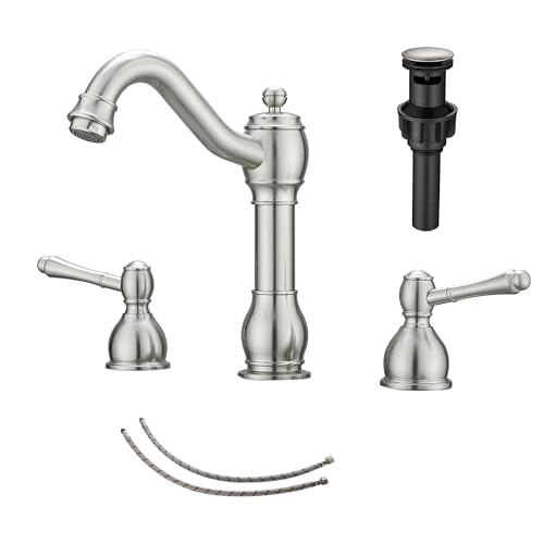 2 Handles 3 Holes Faucet Widespread Bathroom Sink Faucet Basin Tap Mixer Supply Hose Included Matching Pop Up Drain Brushed Nickel - color: Brushed Nickel, size: Widespread