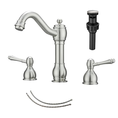 2 Handles 3 Holes Faucet Widespread Bathroom Sink Faucet Basin Tap Mixer Supply Hose Included Matching Pop Up Drain Brushed Nickel - color: Brushed Nickel, size: Widespread