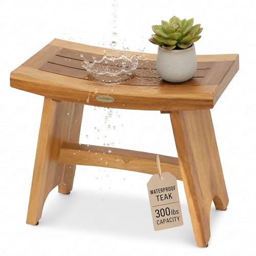EcoDecors Serenity 24-Inch Teak Shower Stool, Non-Slip, 250 lb | Comfortable teak shower seat fits standard and walk-in showers while saving space in compact bathroom layouts - size: 24" bar