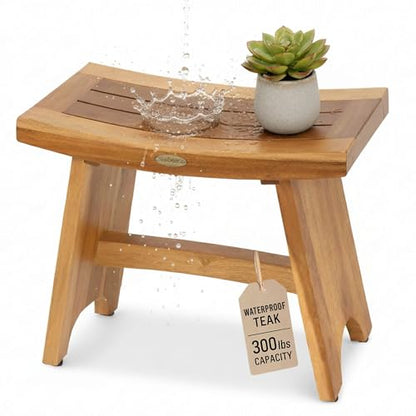 EcoDecors Serenity 24-Inch Teak Shower Stool, Non-Slip, 250 lb | Comfortable teak shower seat fits standard and walk-in showers while saving space in compact bathroom layouts - size: 24" bar