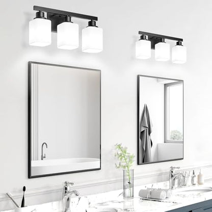 3-Light Bathroom Vanity Light,Modern Matte Black Bathroom Light Fixtures with Square Frosted Glass,Wall Sconces Lighting fixtures Over Mirror Restroom, Living Room Hallway - color: Black, size: 3-Light