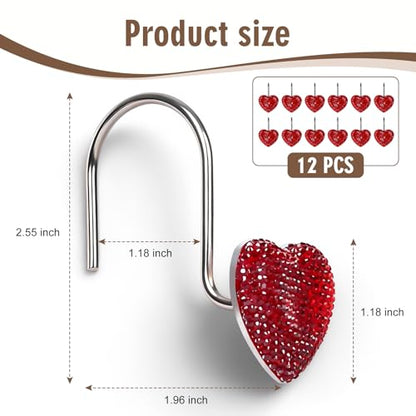 BBV Shower Curtain Hooks Rings for Valentine's Day, 12 Pcs Stainless Steel Glide Shower Hooks for Bathroom Shower Rods Curtains (Red Rhinestones) - color: Red Rhinestones