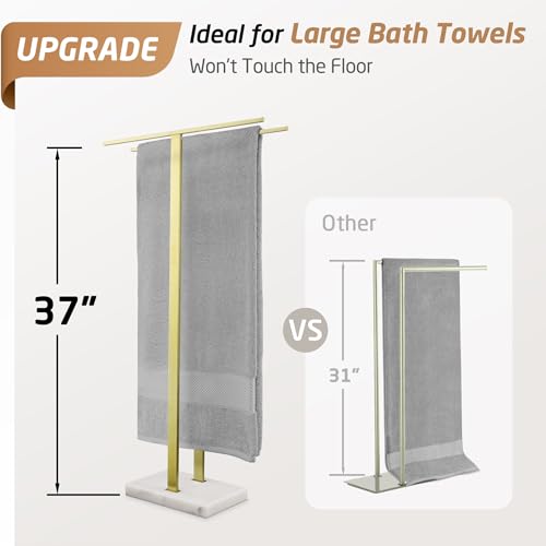 KES Brushed Gold Standing Towel Rack, 37" H, Heavy Marble Base, Bathroom | Brushed Finish, T-Bar Design, Hangs Large Towels, Anti-Slip Pads, Easy No-Drill Assembly - color: Gold, size: 37" H (Equal-height)
