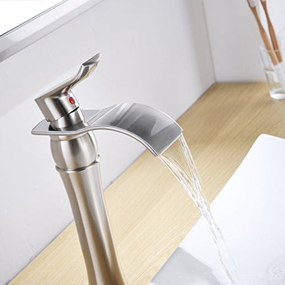 BWE Brushed Nickel Bathroom Vessel Sink Faucet 1 Hole, Modern Style | Single Handle, Wide Waterfall Spout, Ceramic Cartridge, Solid Brass Body, Pop-Up Drain & Water Line Included, Easy Install, - color: Brushed Nickel