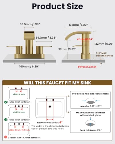gotonovo 4’’ Centerset Bathroom Sink Faucet Waterfall Brushed Gold | SUS304 Bathroom Faucet,2.17’’ Wide Spout,24’’ cUPC Water Line,Pop up Drain,2 Handle,Basin,Vanity,RV,Lavatory 2 or 3 Hole Sink - color: Gold